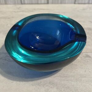 Murano Sommerso Orb Teal & Colbalt Blue Ashtray in the Style of Flavio Poli